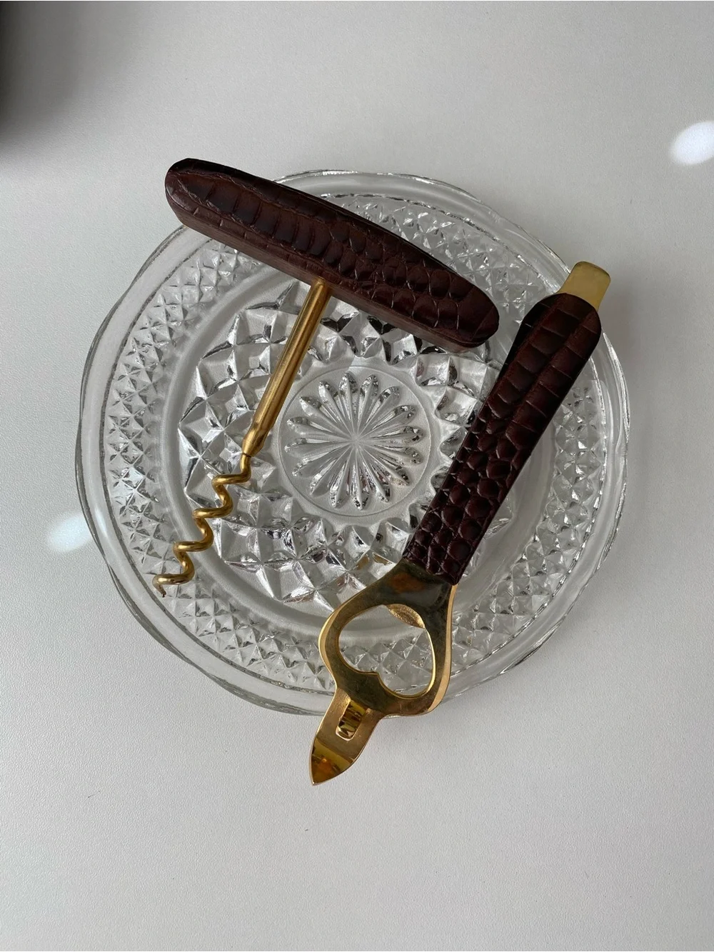 Vintage mid-century brass and faux-crocodile leather bar set.